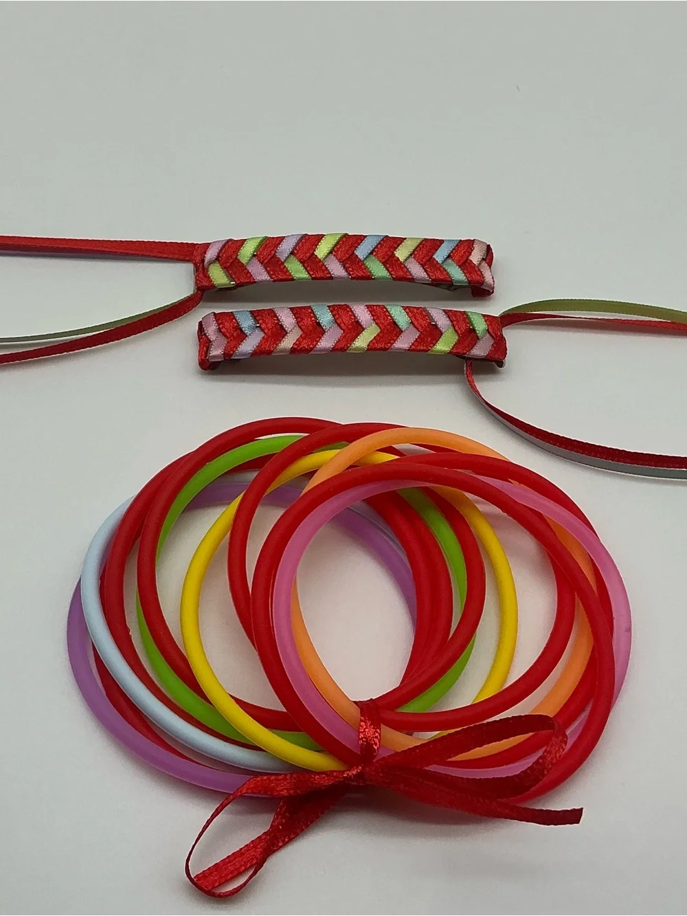 Red and Pastel Rainbow 80s Barrettes & 12 Jelly Bracelets